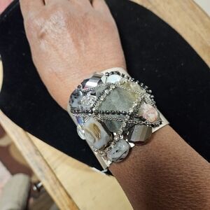 Merx Nakamol Brushed Metal Agate Statement Open-Cuff Bracelet